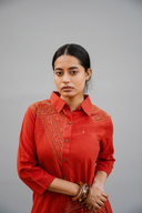 Brick Red Geometric Hand Embroidered Handloom Cotton Kurta Set (set of 2)