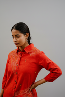 Brick Red Geometric Hand Embroidered Handloom Cotton Kurta Set (set of 2)