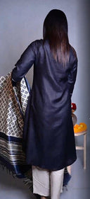 Black Silk Slub Kurta with Hand Embroidery All Over