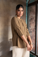 Mud Brown Handloom Cotton Hand Embroidered Antifit Top