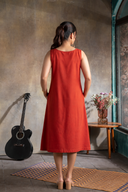 Rust Red Hand Embroidered Handloom Cotton Sleeveless Dress