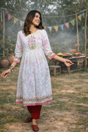 White Printed Hand Embroidered Gathers Dress