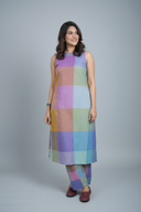 Purple-Blue Pastel Checks Handloom Cotton Halter Neck Kurta Set (set of 2)