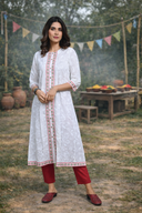White Floral Printed Cotton A-Line Front Open Dress