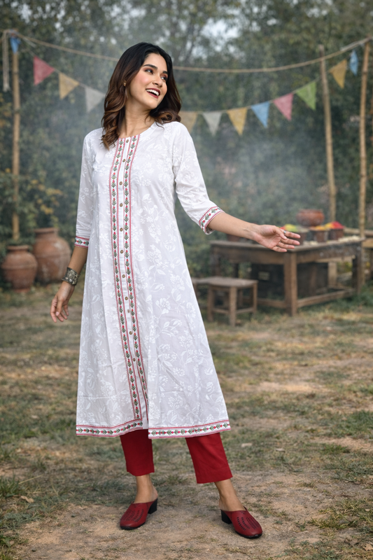 White Floral Printed Cotton A-Line Front Open Kurta