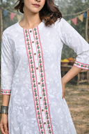 White Floral Printed Cotton A-Line Front Open Dress