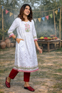 White Printed Hand Embroidered Gathers Dress