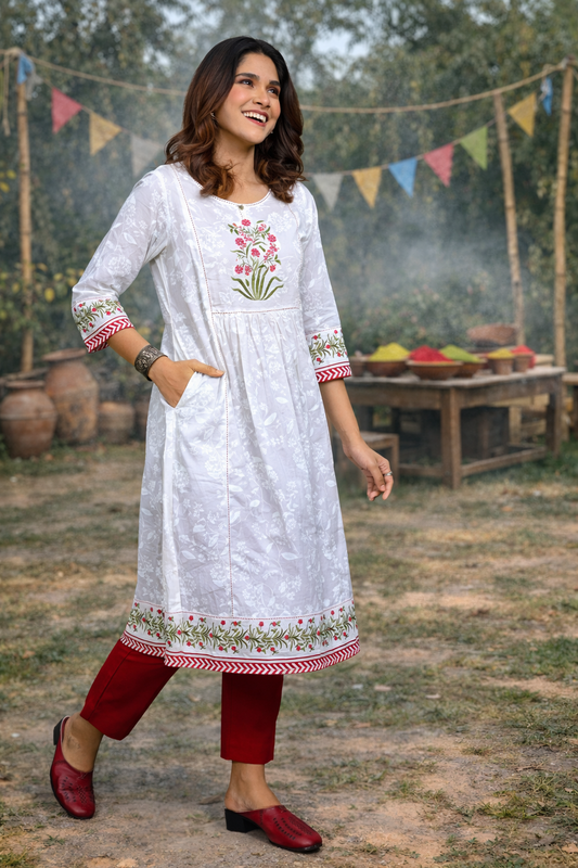 White Printed Hand Embroidered Gathers Kurta