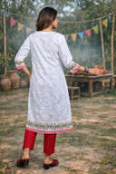 White Printed Hand Embroidered Gathers Dress
