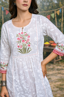 White Printed Hand Embroidered Gathers Dress