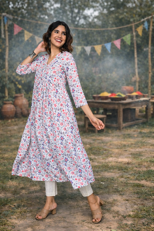 White Floral Printed Cotton Anarkali Kurta