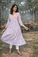White Floral Printed Cotton Anarkali Dress