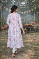 White Floral Printed Cotton Anarkali Dress