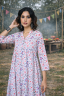 White Floral Printed Cotton Anarkali Dress
