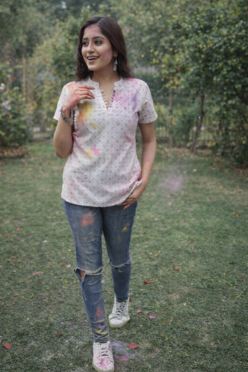 White Hand Block Printed Cotton Top