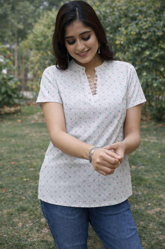 White Hand Block Printed Cotton Top