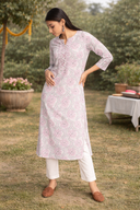 Pink Hand Embroidered Cotton Mirror Work Kurta
