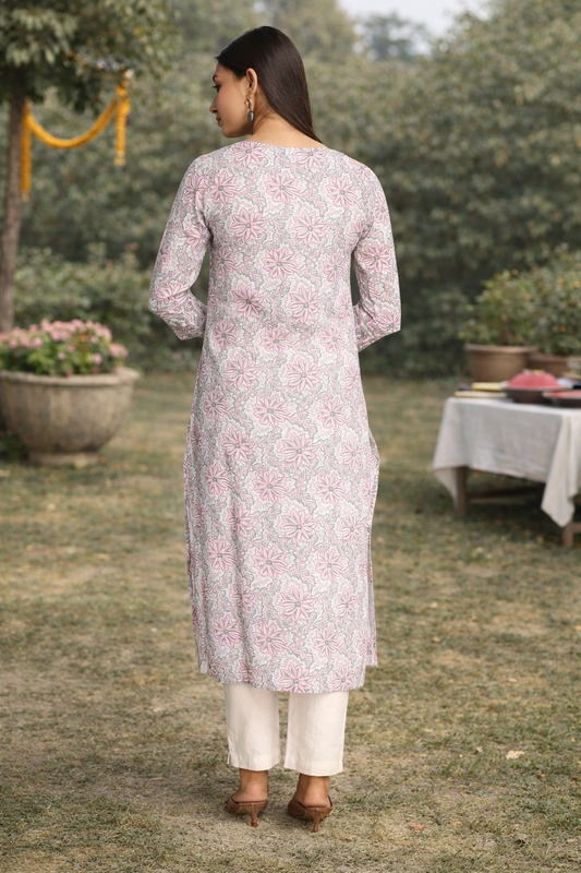 Pink Hand Embroidered Cotton Mirror Work Kurta