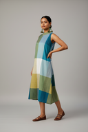 Lime Checks Handloom Cotton Halter Neck Dress