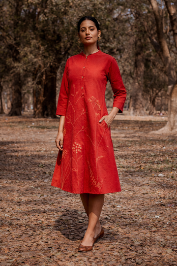 Rust Red Hand Embroidered Cotton Dress