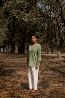 Sage Green Hand Embroidered Cotton Pleated Top