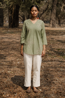Sage Green Hand Embroidered Cotton Pleated Top