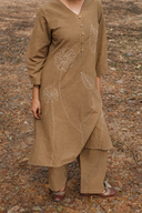 Mud Brown Hand Embroidered Cotton Kurta