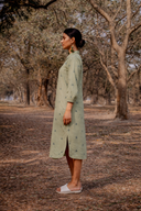 Olive Green Cotton Front Open Shirt Dress