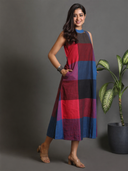 Red-Blue Checks Handloom Cotton Halter Neck Dress