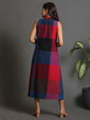 Red-Blue Checks Handloom Cotton Halter Neck Dress