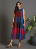 Red-Blue Checks Handloom Cotton Halter Neck Dress