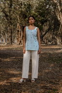 Powder Blue Cotton Woven Buti Sleeveless Top