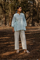 Powder Blue Cotton Woven Buti Gather Top