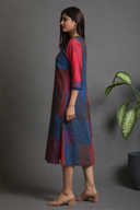 Red-Blue Checks Hand Embroidered Handloom Cotton Half & Half Dress