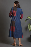Red-Blue Checks Hand Embroidered Handloom Cotton Half & Half Dress