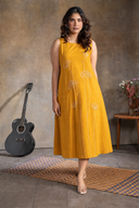 Yellow Floral Handloom Cotton Hand Embroidered Dress