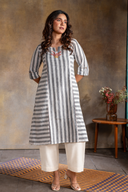 White-Grey Striped Hand Embroidered Cotton Three Panel Kurta