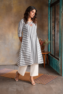 White-Grey Striped Hand Embroidered Cotton Three Panel Kurta