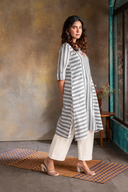 White-Grey Striped Hand Embroidered Cotton Three Panel Kurta
