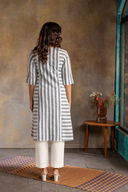 White-Grey Striped Hand Embroidered Cotton Three Panel Kurta