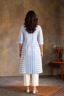 White-Blue Striped Hand Embroidered Cotton Three Panel Kurta