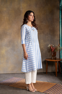 White-Blue Striped Hand Embroidered Cotton Three Panel Kurta