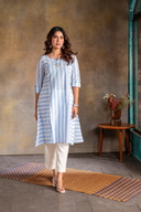 White-Blue Striped Hand Embroidered Cotton Three Panel Kurta