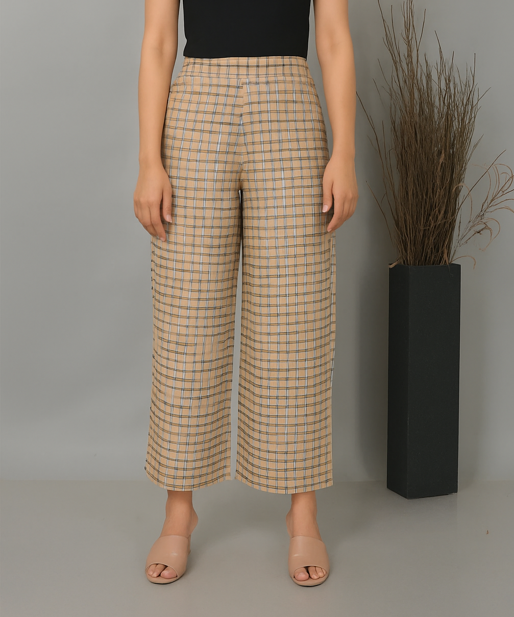 Beige Checks Handwoven Cotton Flared Pant