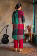 Red-Green Checks Handloom Cotton Rounded Hem Kurta Set with Red Flared Pants (set of 2)