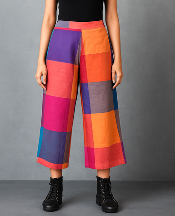 Red-Orange Checks Handwoven Cotton Flared Pant