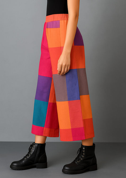 Red-Orange Checks Handwoven Cotton Flared Pants