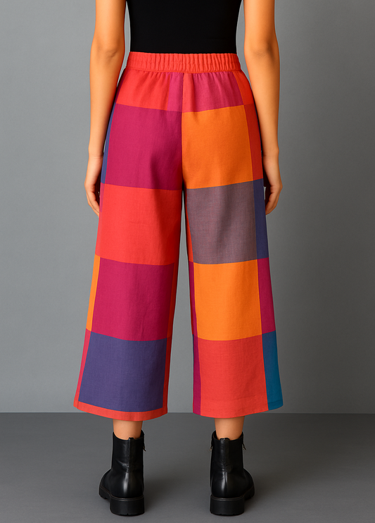 Red-Orange Checks Handwoven Cotton Flared Pant