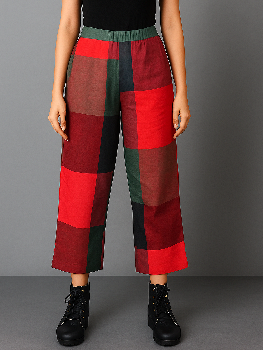 Red-Green Checks Handwoven Cotton Flared Pant