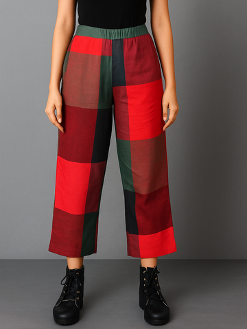 Red-Green Checks Handwoven Cotton Flared Pant